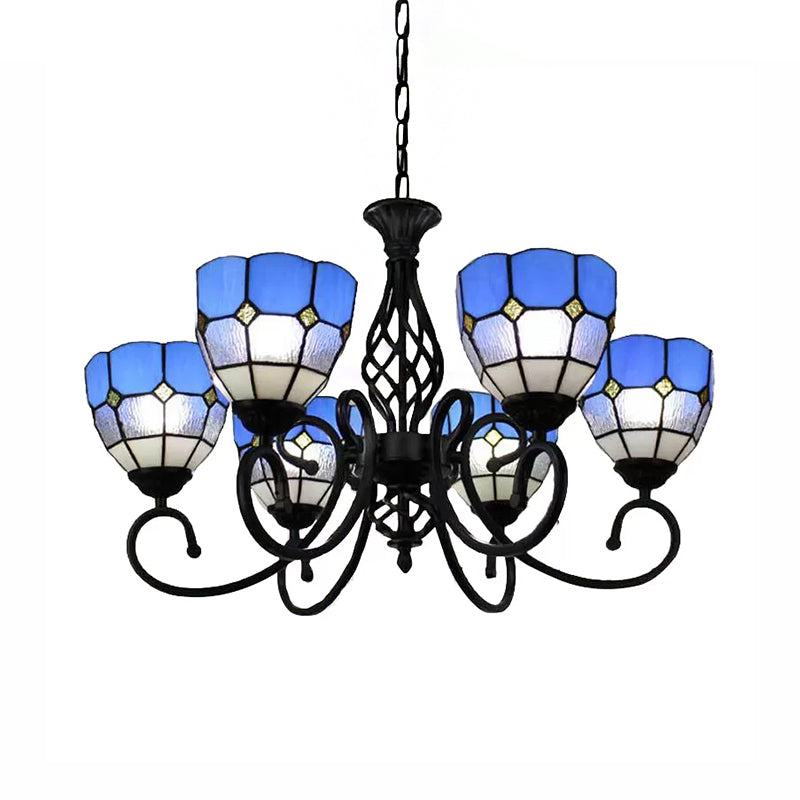 Blue Tiffany Chandelier - 6-Light Pendant Lighting With Art Glass Bell Shade And Jewel Decoration