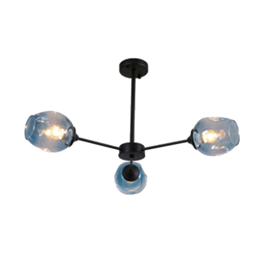 Modernist Hanging Chandelier - Black/Chrome Sputnik Suspension Pendant With Blue/Amber Glass Shade