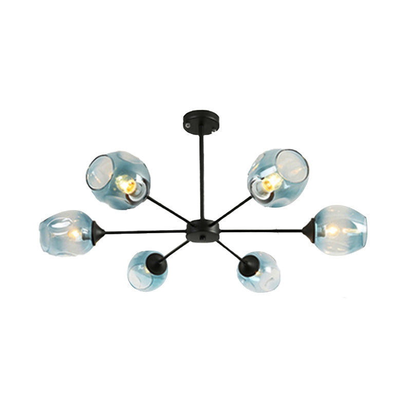 Modernist Hanging Chandelier - Black/Chrome Sputnik Suspension Pendant With Blue/Amber Glass Shade