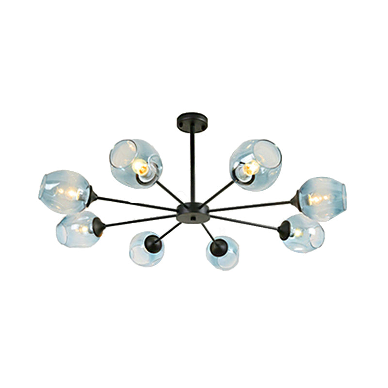 Modernist Hanging Chandelier - Black/Chrome Sputnik Suspension Pendant With Blue/Amber Glass Shade