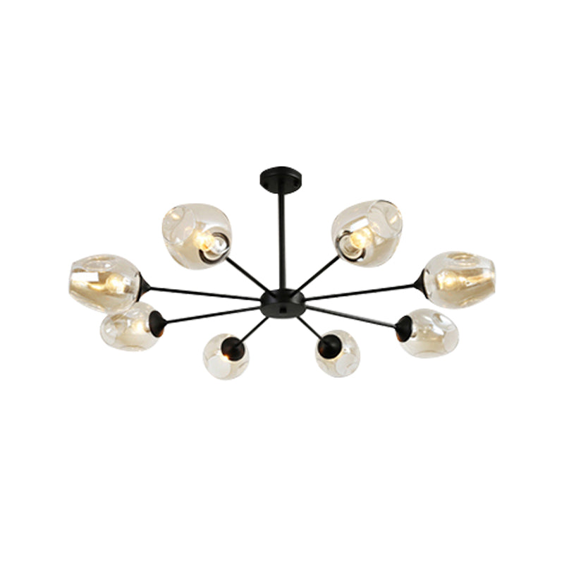 Modernist Hanging Chandelier - Black/Chrome Sputnik Suspension Pendant With Blue/Amber Glass Shade