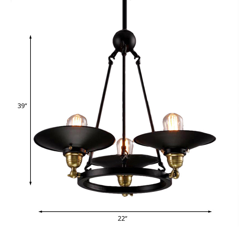 Vintage Style Metal Ring Chandelier with Flared Shade - 3/6 Lights - Dining Table Pendant Lighting in Black