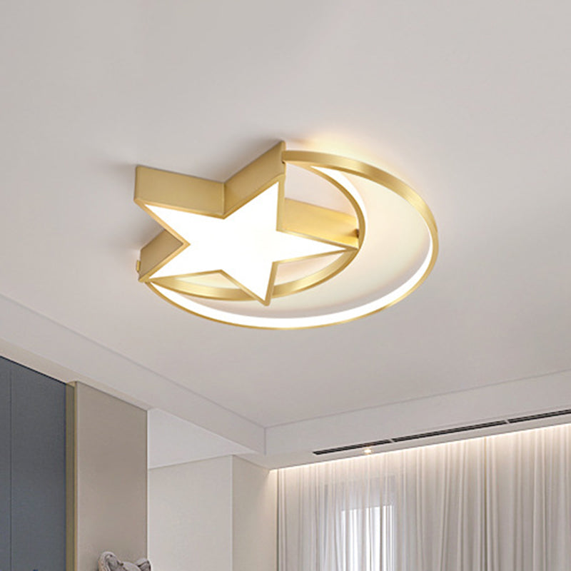 Minimalist Led Crescent And Star Metal Ceiling Lamp: Gold Flush Mount Lighting With Warm/White Light