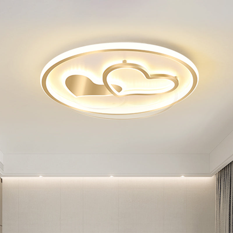 Modernist Metallic Flush Mount Light in Gold - Loving Heart Design - LED Ceiling Fixture for Sleeping Room - 16"/19.5" Wide