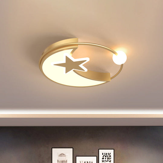 Simple Gold LED Bedroom Flushmount Ceiling Light with Star and Crescent Acrylic Shade