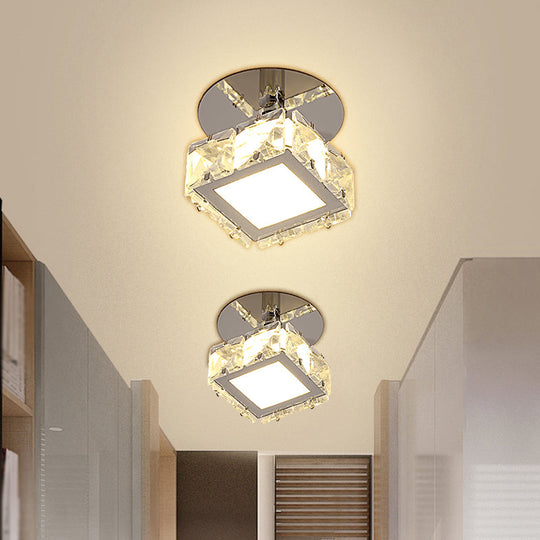 Modern Chrome LED Crystal Block Semi Mount Ceiling Light Fixture - Warm/White Lighting