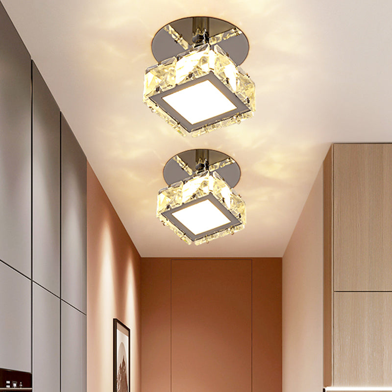 Modern Chrome LED Crystal Block Semi Mount Ceiling Light Fixture - Warm/White Lighting