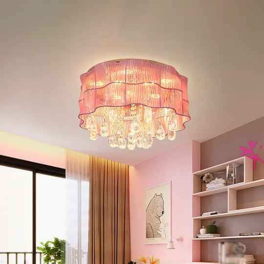 LED Flower Flushmount Ceiling Light with Crystal Strands in Pink/Blue for Minimalist Bedrooms