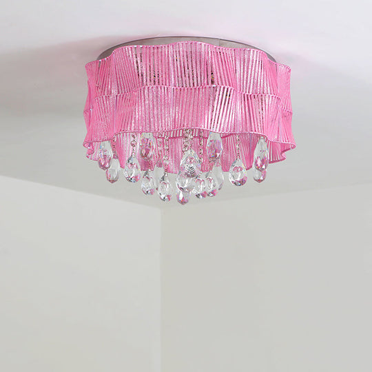 LED Flower Flushmount Ceiling Light with Crystal Strands in Pink/Blue for Minimalist Bedrooms