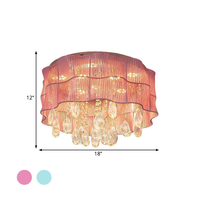 LED Flower Flushmount Ceiling Light with Crystal Strands in Pink/Blue for Minimalist Bedrooms