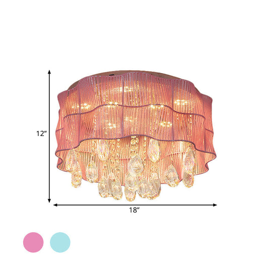 Led Flower Flushmount Ceiling Light With Crystal Strands In Pink/Blue For Minimalist Bedrooms