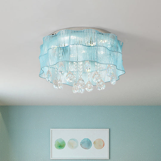 LED Flower Flushmount Ceiling Light with Crystal Strands in Pink/Blue for Minimalist Bedrooms