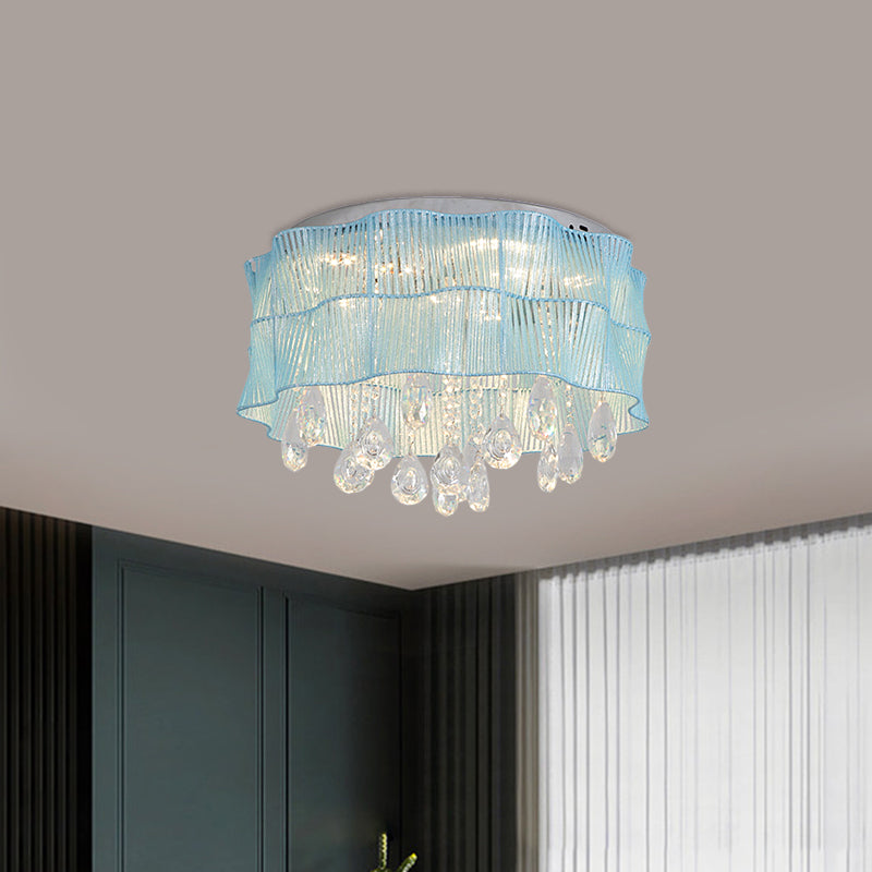 LED Flower Flushmount Ceiling Light with Crystal Strands in Pink/Blue for Minimalist Bedrooms