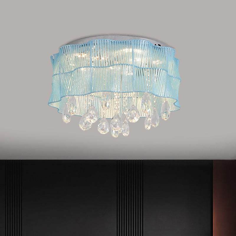 LED Flower Flushmount Ceiling Light with Crystal Strands in Pink/Blue for Minimalist Bedrooms