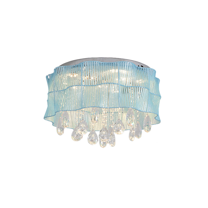 LED Flower Flushmount Ceiling Light with Crystal Strands in Pink/Blue for Minimalist Bedrooms