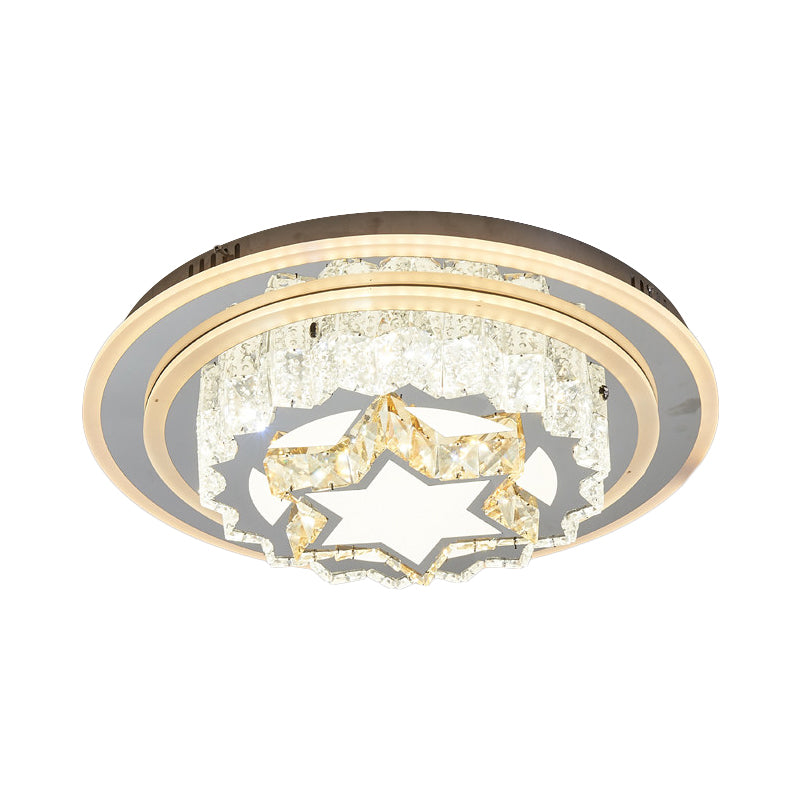 Modern Chrome Led Crystal Flush Mount Ceiling Fixture For Bedroom Featuring Hand-Cut Flower/Star