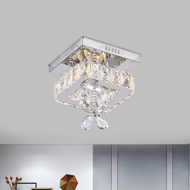 Square Crystal Led Semi Flush Mount Ceiling Fixture Beveled Design Chrome Finish - 8/12 Wide