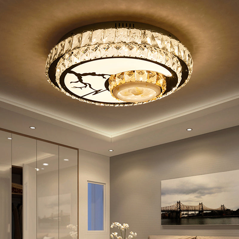 Minimalist Chrome LED Ceiling Light with Crystal Block Flush Mount Lamp in Lotus Design