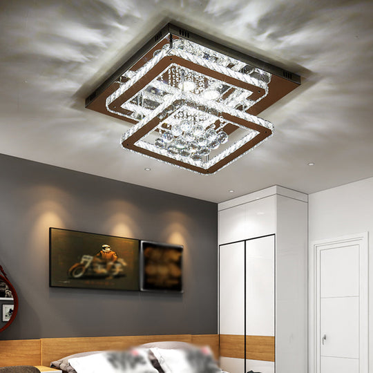 Contemporary Square 2-Tier LED Crystal Ceiling Lamp - Chrome Flush Light for Bedroom