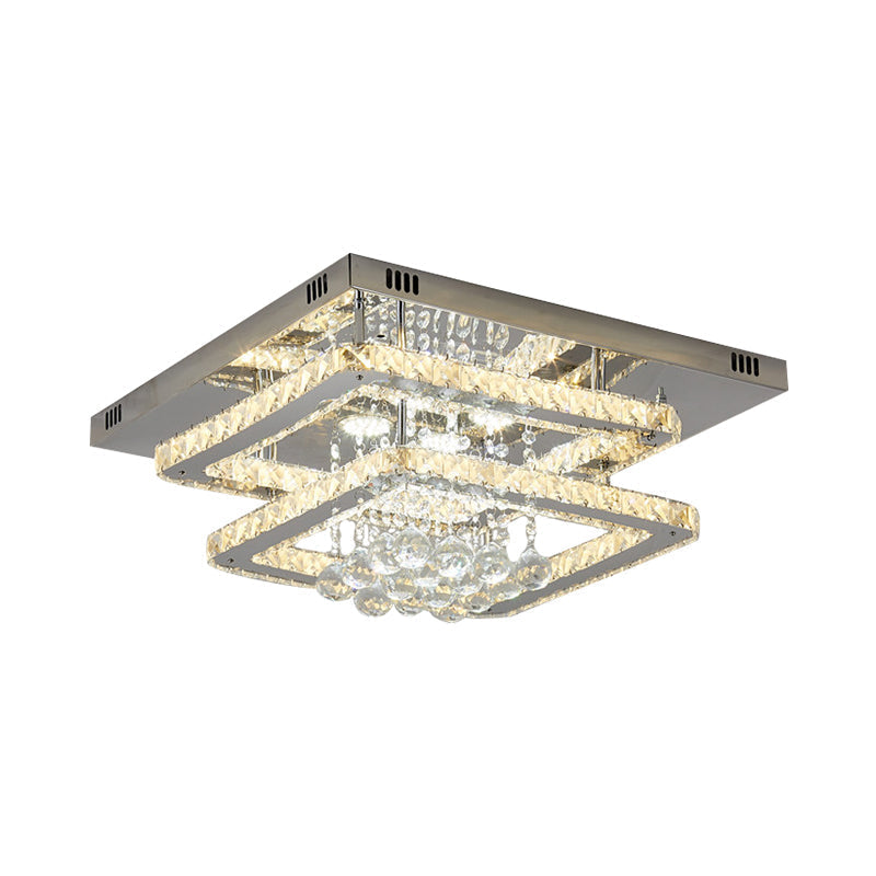 Contemporary Square 2-Tier LED Crystal Ceiling Lamp - Chrome Flush Light for Bedroom