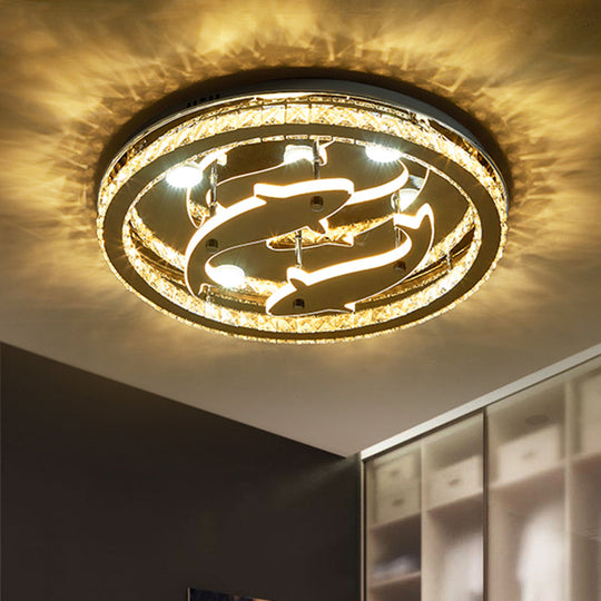 Modern Circle Crystal Block Flushmount LED Ceiling Light with Chrome Finish and Fish Design