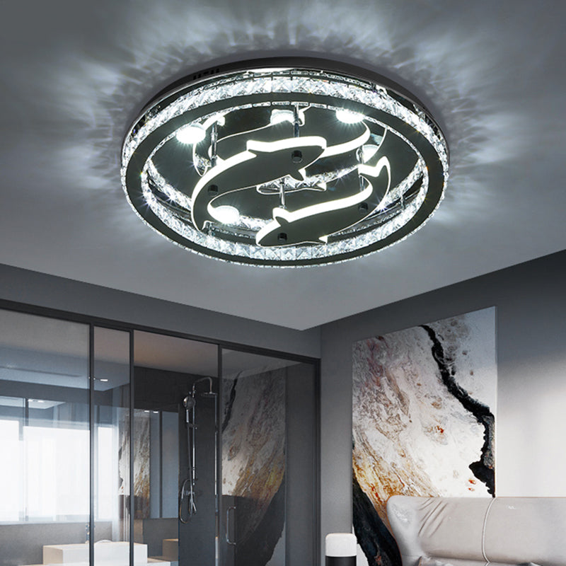 Modern Circle Crystal Block Flushmount LED Ceiling Light with Chrome Finish and Fish Design