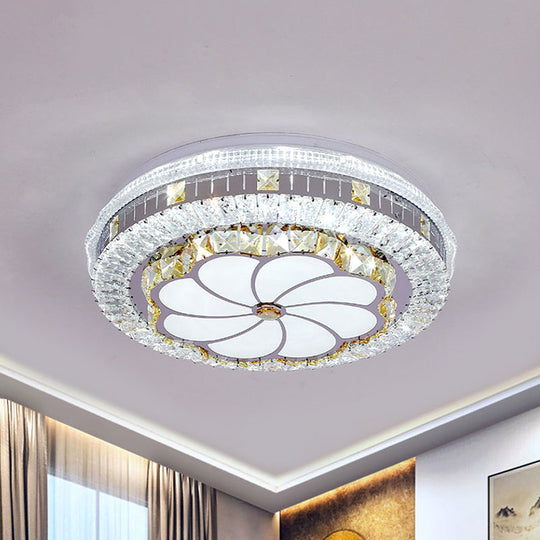 Modern LED Chrome Ceiling Light with Lotus Pattern and Faceted Crystal Flush Mount"