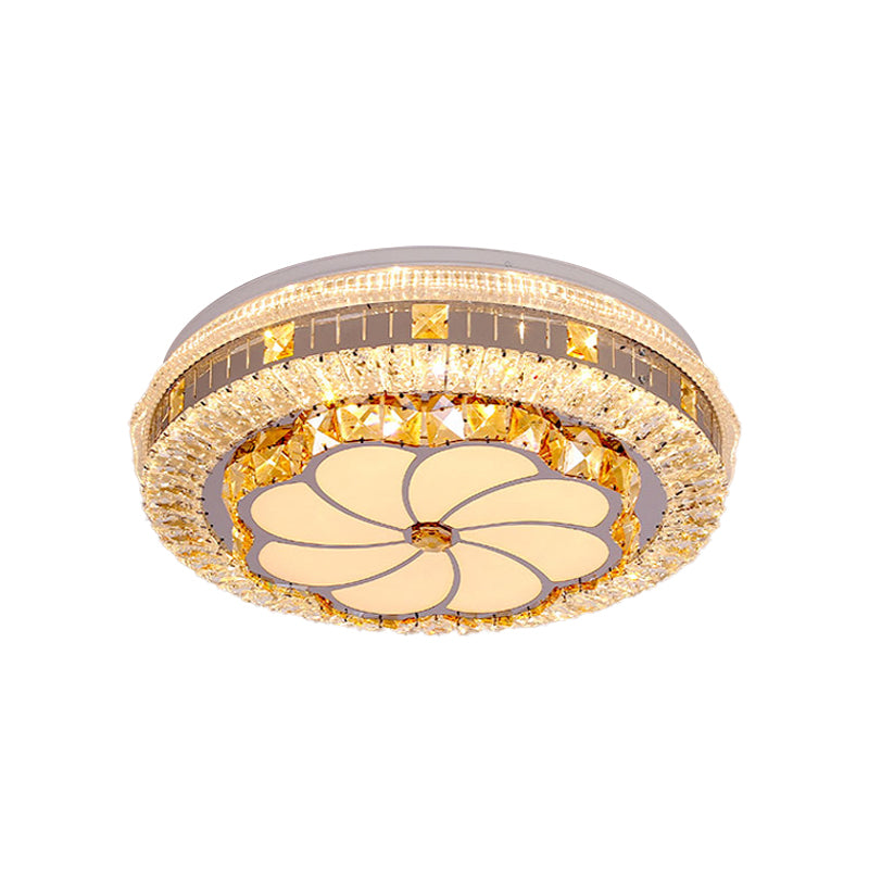 Modern LED Chrome Ceiling Light with Lotus Pattern and Faceted Crystal Flush Mount"