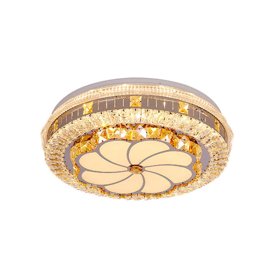 Modern LED Chrome Ceiling Light with Lotus Pattern and Faceted Crystal Flush Mount"