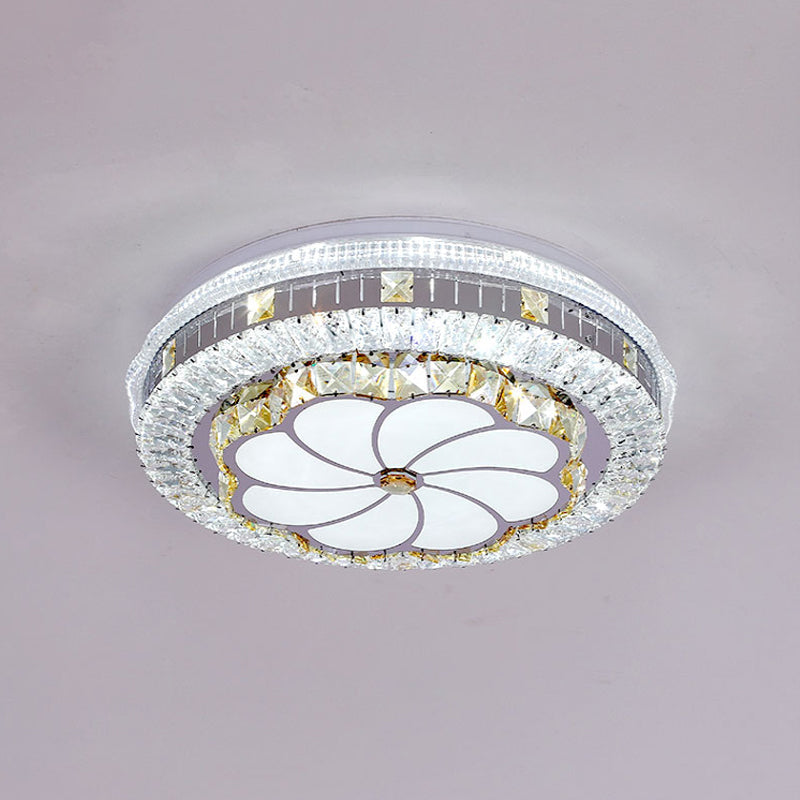 Modern LED Chrome Ceiling Light with Lotus Pattern and Faceted Crystal Flush Mount"