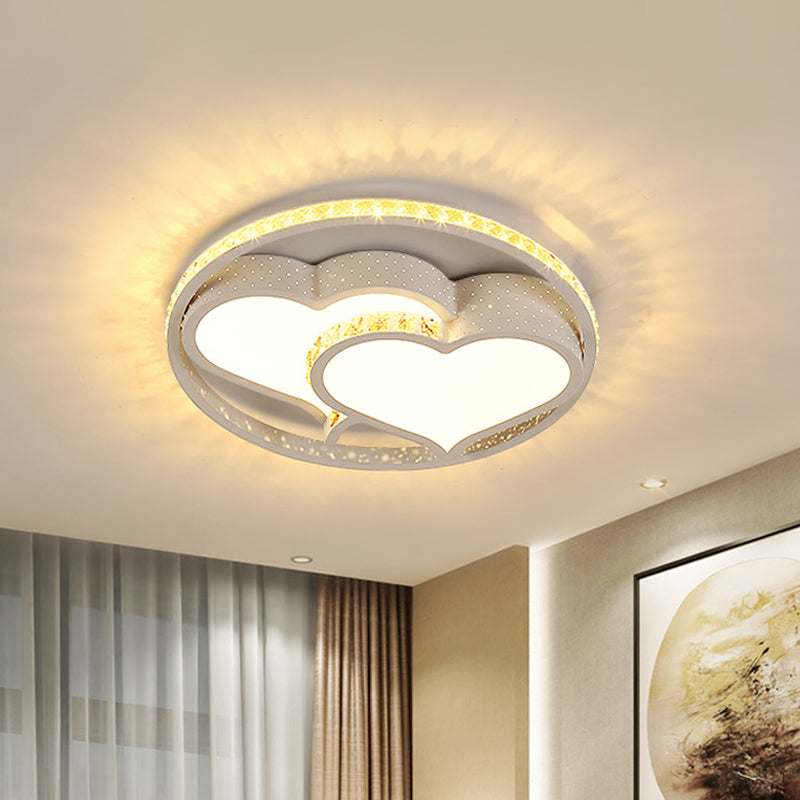 Minimalist LED Parlor Ceiling Light - White Flush Mount Lighting with Crystal Heart/Flower Shade