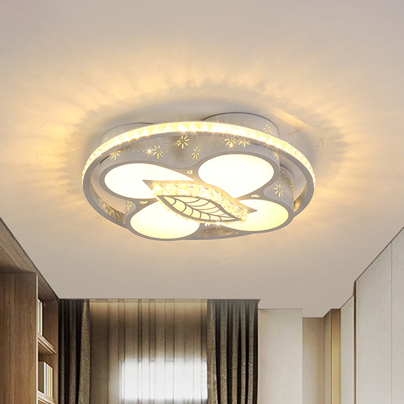 Minimalist LED Parlor Ceiling Light - White Flush Mount Lighting with Crystal Heart/Flower Shade