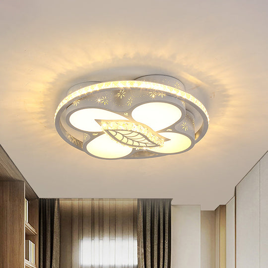 Minimalist Led Parlor Ceiling Light - White Flush Mount Lighting With Crystal Heart/Flower Shade /