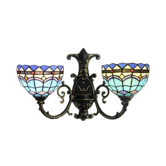 Mediterranean Blue Stained Glass Wall Sconce With Curved Arm - 2 Lights