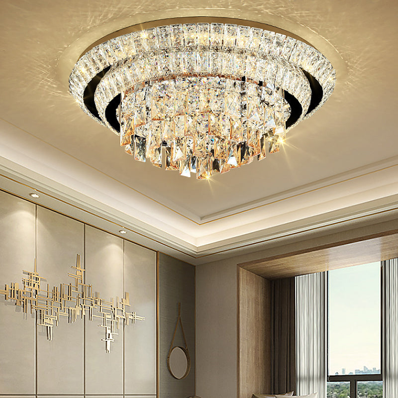 Contemporary Led Crystal Flush Mount Ceiling Light With Tiered Round Design & Chrome Finish