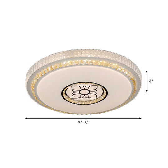 Modern Circular Cut Crystal LED Ceiling Flush Mount with Flower Pattern in White