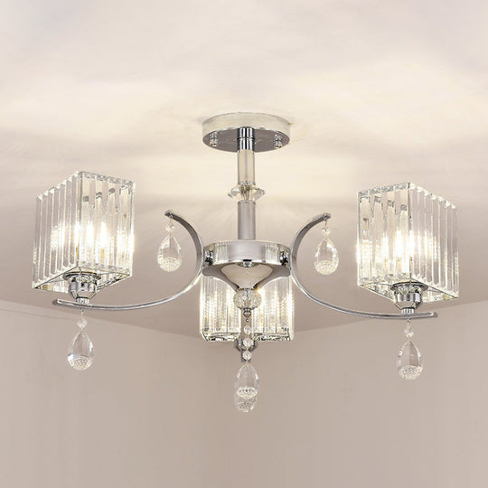 Sleek 3-Head Cuboid Crystal Prisms Ceiling Light: Chrome Semi-Flush Chandelier with Drop Deco