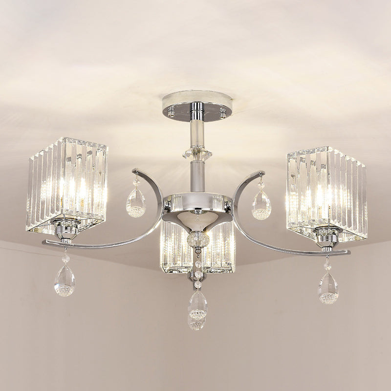 Sleek 3-Head Cuboid Crystal Prisms Ceiling Light: Chrome Semi-Flush Chandelier With Drop Deco