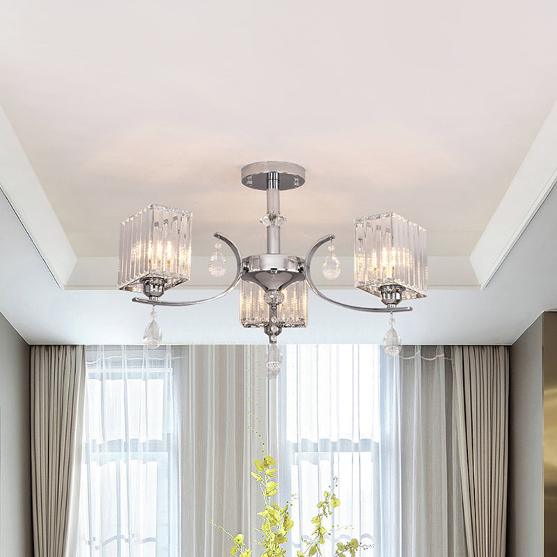 Sleek 3-Head Cuboid Crystal Prisms Ceiling Light: Chrome Semi-Flush Chandelier with Drop Deco