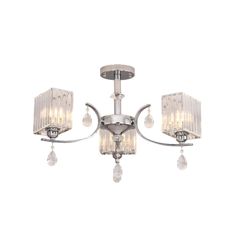 Sleek 3-Head Cuboid Crystal Prisms Ceiling Light: Chrome Semi-Flush Chandelier with Drop Deco