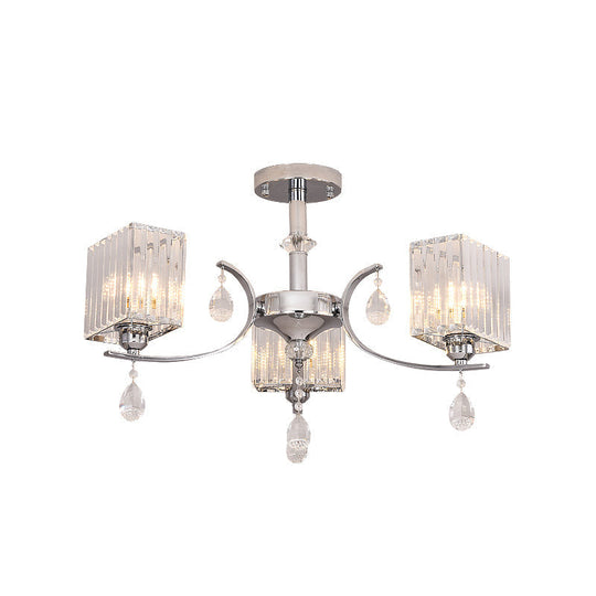 Sleek 3-Head Cuboid Crystal Prisms Ceiling Light: Chrome Semi-Flush Chandelier With Drop Deco