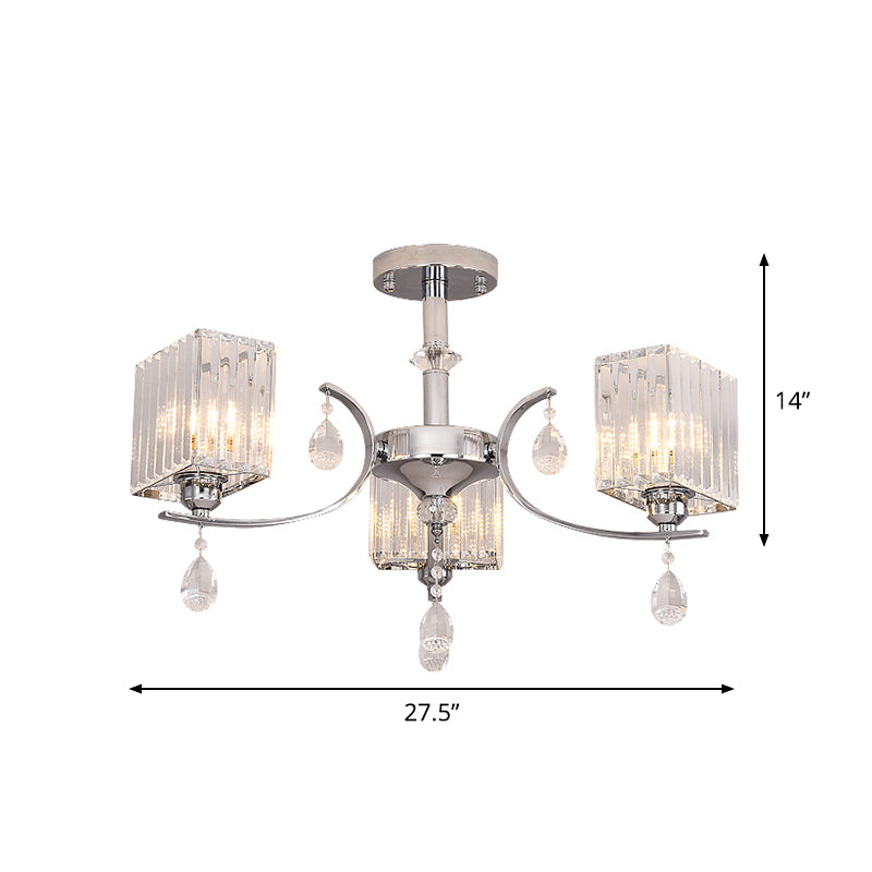 Sleek 3-Head Cuboid Crystal Prisms Ceiling Light: Chrome Semi-Flush Chandelier with Drop Deco