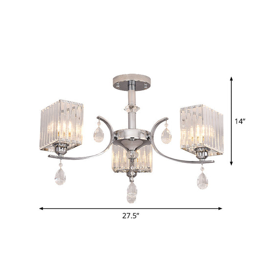 Sleek 3-Head Cuboid Crystal Prisms Ceiling Light: Chrome Semi-Flush Chandelier with Drop Deco