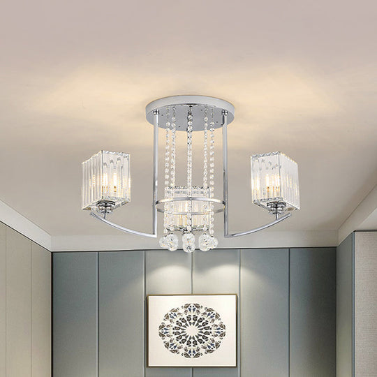 Cuboid Semi Flush Ceiling Lamp - Clear Crystal Chandelier with Strands Deco in Chrome - 3 Lights - Modern