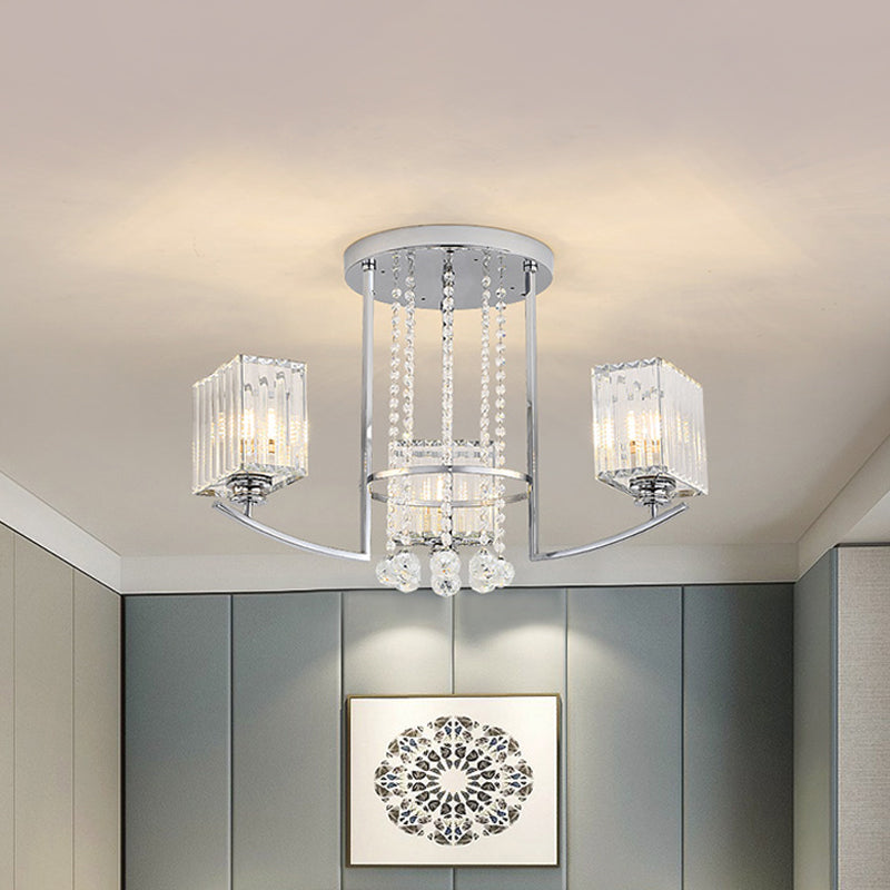 Cuboid Semi Flush Ceiling Lamp - Clear Crystal Chandelier With Strands Deco In Chrome 3 Lights