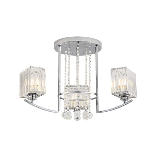 Cuboid Semi Flush Ceiling Lamp - Clear Crystal Chandelier with Strands Deco in Chrome - 3 Lights - Modern