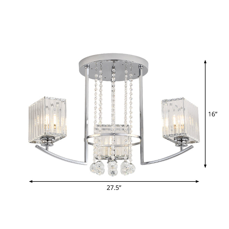 Cuboid Semi Flush Ceiling Lamp - Clear Crystal Chandelier with Strands Deco in Chrome - 3 Lights - Modern