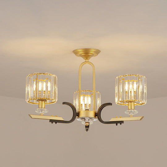 Modern Gold Drum Ceiling Lamp - Prismatic Crystal Semi Flush Mount Chandelier (3/6 Bulbs)