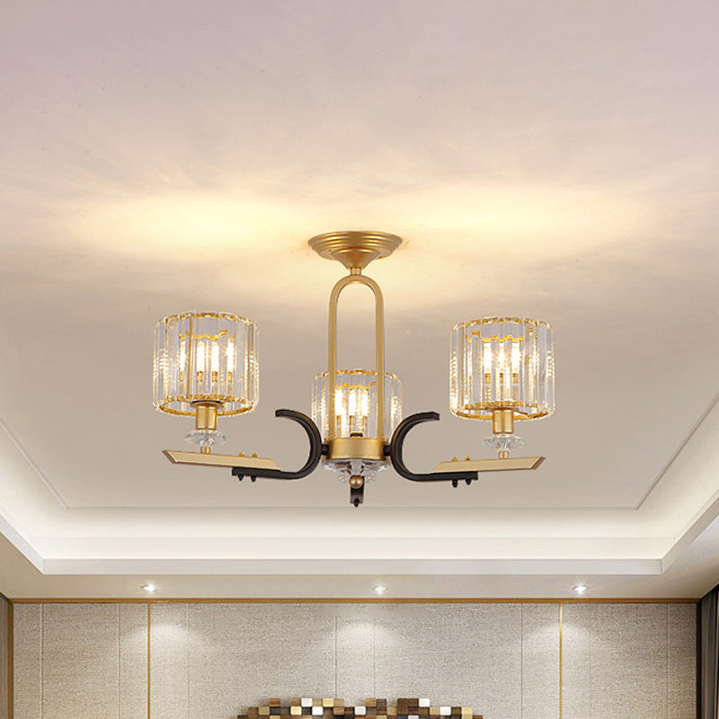 Modern Gold Drum Ceiling Lamp - Prismatic Crystal Semi Flush Mount Chandelier (3/6 Bulbs)