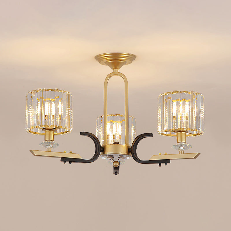 Modern Gold Drum Ceiling Lamp - Prismatic Crystal Semi Flush Mount Chandelier (3/6 Bulbs)